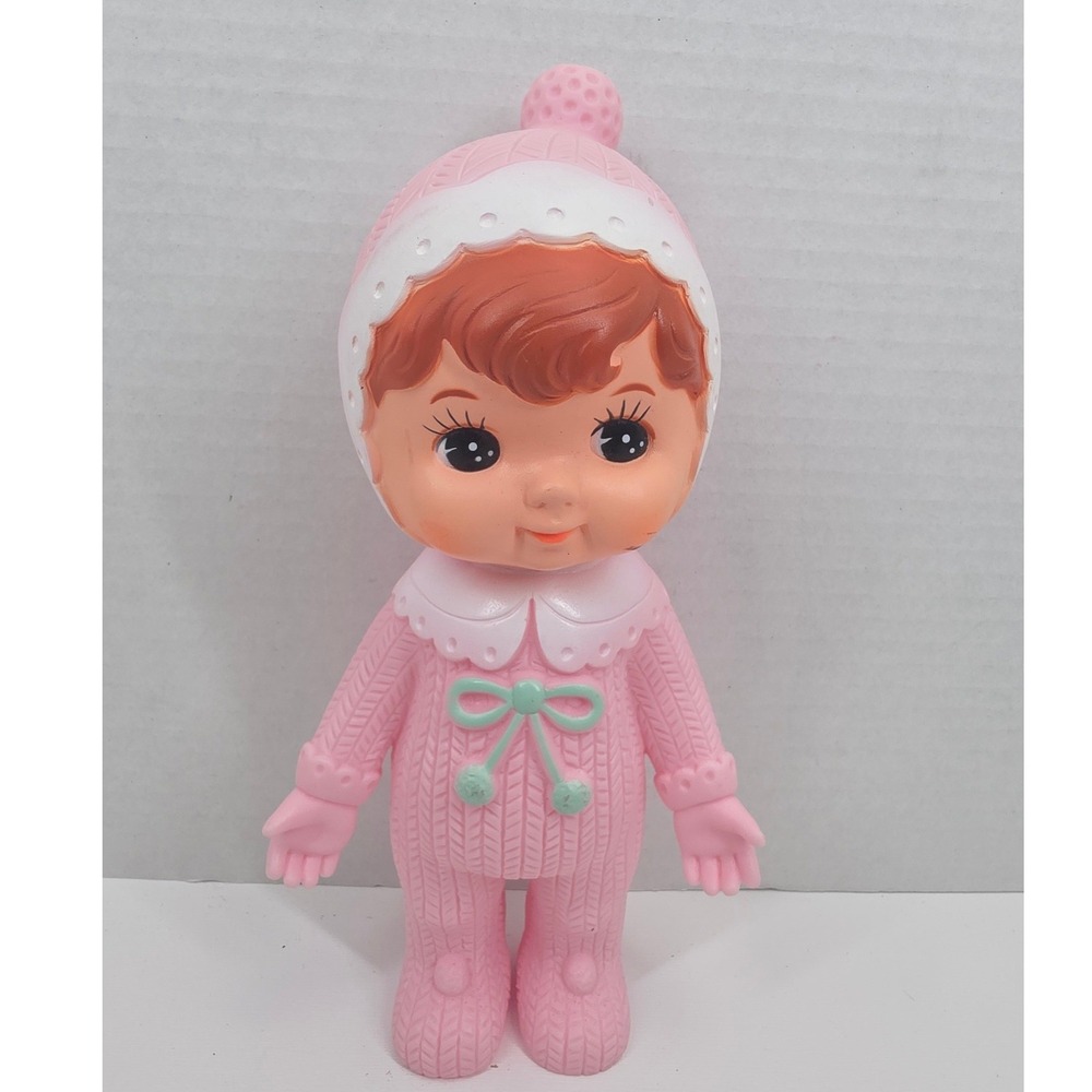 Vintage Konami Japan Pink Baby Girl Vinyl Squeak Toy Big Eye Retro Kitsch 8"